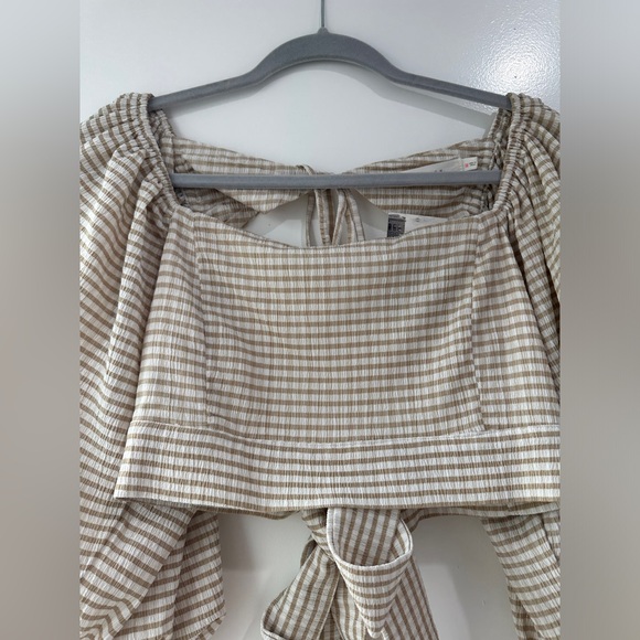 Lush Tan & White Gingham Puff Sleeve Crop Top | NWT Size M - Picture 9 of 12